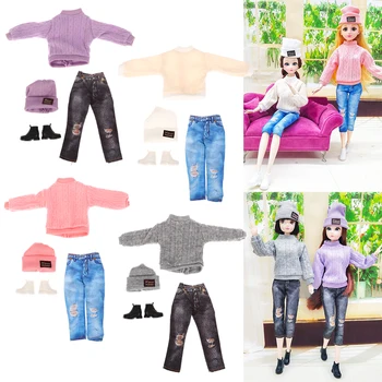 1 комплект кукольной одежды для 30 см кукла шляпа свитер джинсы брюки плоские сапоги обувь кукольный домик миниатюрный декор