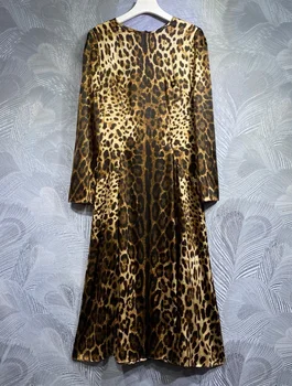100% шелковое платье 2024 весна лето платье роскошные женщины сексуальные дикие леопардовые принты с длинным рукавом до середины икры вечеринка леди платье XL