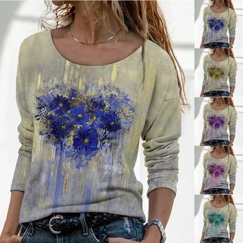 2022 Осень и зима Новая женская футболка Любовь Градиентная печать Топ 3D-печать Топ Женская повседневная модная свободная футболка