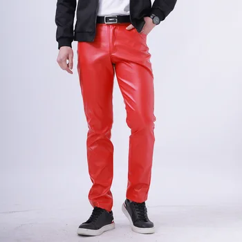 2023 Корейская версия новая модная повседневная осенняя мужская тонкая эластичная искусственная кожа брюки мотоциклетные брюки мужские многоцветные