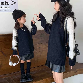 2023 Корейский стиль Свитер матери и дочери Детский осенний пуловер Вязаный свитер Теплый повседневный детский кардиган