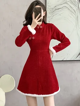 2023 Красное роскошное флокированное шикарное рождественское платье Женщины с длинным рукавом Элегантное короткое платье Cheongsam Осень-зима Корейское винтажное платье