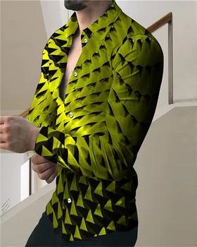 2023 Летняя мужская рубашка 3D Геометрический принт Пуговица Топ Длинный рукав Пуговицы Рубашка Дизайн одежды Удобный S-6XL