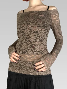2023 Модные женские тонкие кружевные сетчатые топы с открытыми плечами с длинным рукавом лодочкой Шея Прозрачная блузка Клубная одежда Уличная одежда