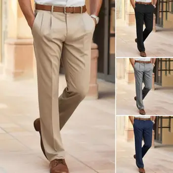 2023 Мужские классические однотонные костюмные брюки со средней посадкой карманы Бизнес Офис Длинные брюки Облегающий крой Прямые рабочие брюки Рабочая одежда