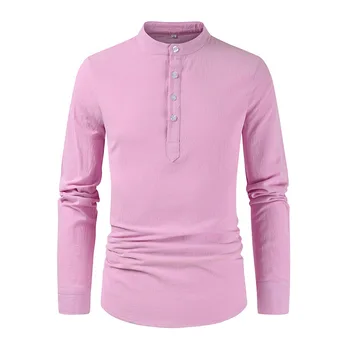 2023 Новая мужская мода Цвет Повседневная рубашка с длинным рукавом Бизнес Стоячий воротник Хлопок Льняная полуоткрытая рубашка для мужчин