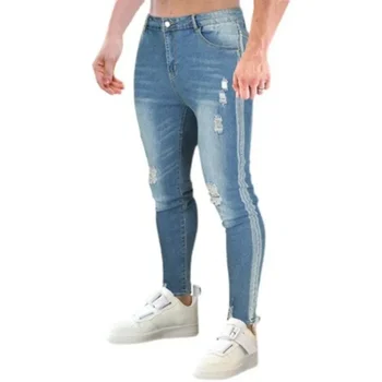 2023 Осень / Зима Новые мужские однотонные состаренные маленькие обтягивающие джинсовые брюки