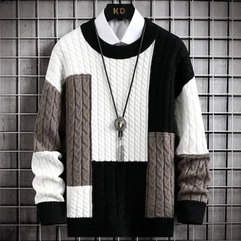 2024 Новый зимний модный лоскутный кашемировый свитер Мужчины Высокое качество Удобные мужские свитера Толстый теплый мужской рождественский пуловер