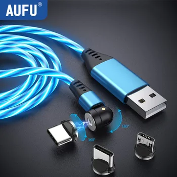 AUFU Проточный светодиодный магнитный зарядный кабель 540 градусов Кабели для мобильных телефонов Micro USB C Кабель Магнит Зарядное устройство для iPhone