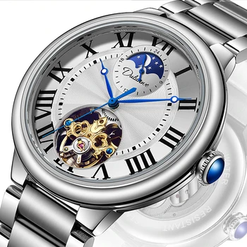 BOLYTE Циферблат фаз Луны Модные наручные часы Мужские автоматические механические часы Звездное небо Нержавеющая сталь Кожаный ремешок для часов Мужские часы