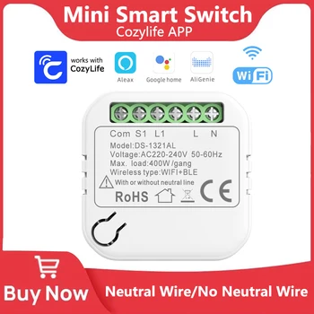 Cozylife WiFi Mini Smart Switch Без нейтрального провода 400 Вт DIY 2-way Управление Умные переключатели Модуль выключателя Работа с Alexa Google Home