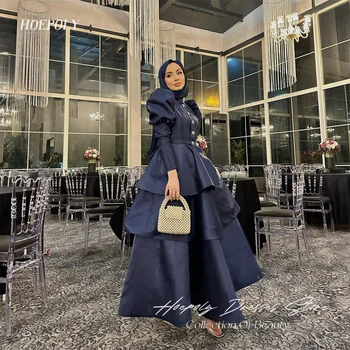 Hoepoly A-Line Высокий вырез Мусульманский арабский выпускной Dresess Длина до щиколотки с пышными рукавами Аппликации Органза Женское вечернее платье 2023
