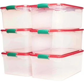 Homz 64 Quart Storage Box Пластиковый ящик для хранения с красной запирающейся крышкой и зеленой ручкой, набор из 6 шт