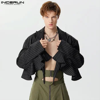 INCERUN Tops 2023 Американский стиль Новый мужской укороченный мужской пиджак в полоску с оборками Мода Индивидуальность Костюм Пальто с длинными рукавами S-5XL