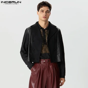 INCERUN Tops 2023 Повседневный новый мужской пиджак из искусственной кожи в стиле пэчворк Модный хорошо сидящий мужской укороченный костюм с длинными рукавами S-5XL