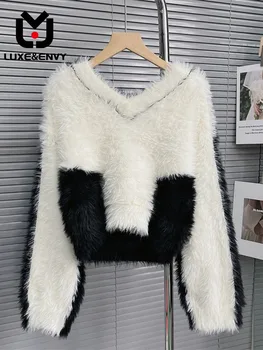 LUXE&ENVY Модный контрастный цветовой дизайн, пуловер с V-образным вырезом, короткий свитер с морским коньком, женская свободная женская мода осень 2023