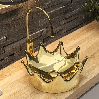 New Crown European Style KTV Custom Ceramic Gold Умывальник Art Basin Матовый черный стол Раковина круглый Таз