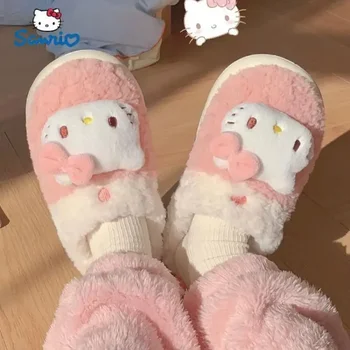 Sanrio Hello Kitty Kuromi Cinnamoroll Милая плюшевая обувь Тапочки Женщины Домашний хлопок Тапочки Теплая Зимняя ПодругаРождественские подарки