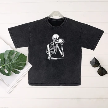 Seeyoushy Skeleton Tea Print 2023 Новая женская футболка летнего тренда, выстиранная, чтобы сделать старую повседневную женскую повседневную повседневную уличную одежду Y2K Повседневная уличная одежда