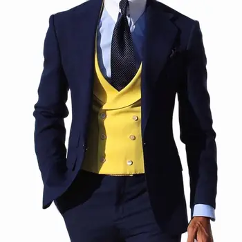 Slim Fit Повседневные мужские костюмы с желтым жилетом Темно-синие брюки Свадебный смокинг из 3 предметов для Gromsmen Мужская модная куртка 2022