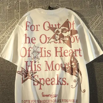 Американская винтажная футболка с коротким рукавом с печатью букв из чистого хлопка для мальчиковГонконг Модный бренд Оверсайз Свободный топ с половиной рукава