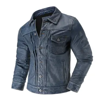 Американская повседневная верхняя кожаная куртка из воловьей кожи джинсовая синяя ретро графитовая состаренная мотоциклетная кожаная куртка мужская короткая
