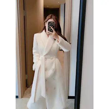 Белое шерстяное пальто для женской новой одежды Осенне-зимний длинный стиль Куртка темперамента Шерстяная верхняя одежда