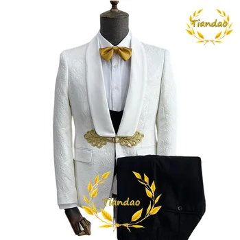 белый цветочный костюм для мужчин свадебный смокинг 2 шт. жених пиджак брюки галстук-бабочка формальный пиджак с лацканом модная одежда