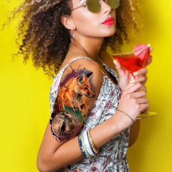 Водонепроницаемая временная наклейка для татуировки Cool Fox wolf Moon Girl поддельная татуировка флэш тату tatouage temporaire большой размер для женщин мужчин