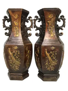 Высота 22,5 см!! Коллекция 1 Наборы(2 шт.) Китайская старая бронзовая позолоченная ваза для птиц, высокое качество художественного украшения, античная ваза с отметкой