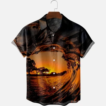 Гавайские рубашки для мужчин Отпуск Морская волна Фотопечать Рубашки с коротким рукавом Летний пляж Отдых Топы Дышащий