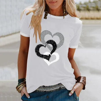 День святого Валентина Свободная модная блузка Женская пуловер с принтом Короткая повседневная футболка с рукавом O-образным вырезом Подарок для влюбленных Пара Одежда