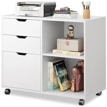 Деревянный картотечный шкаф с 3 ящиками, мобильный боковой шкаф для документов, подставка для принтера с открытыми полками для хранения для домашнего офиса, белый