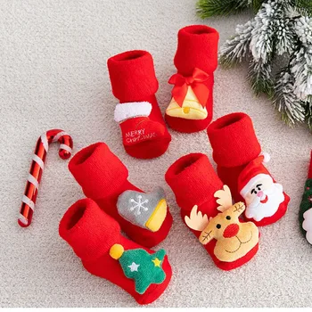 Детские рождественские носки Зимние носки для новорожденных Махровые толстые мультяшные нескользящие носки для малышей с теплым полом Детские рождественские хлопчатобумажные носки