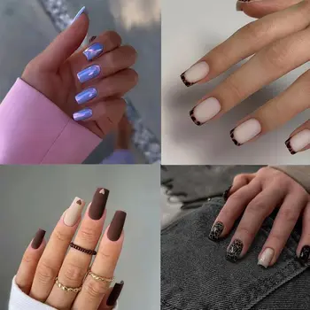 Длинные квадратные накладные ногти Новые Aurora French Fake Nials Съемные насадки для ногтей с полным покрытием DIY