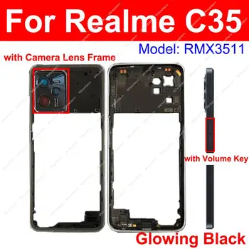 Для Realme C35 Рамка крышки среднего корпуса с деталями кнопки регулировки громкости рамки объектива