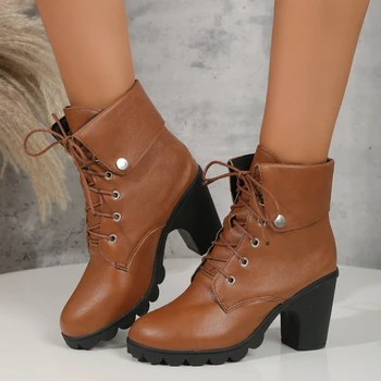 Женская обувь в продаже 2023 Высокое качество Зимние ботинки на шнуровке Современные сапоги Твердые сапоги на круглом каблуке с круглой головой Большой размер Zapatos Mujer