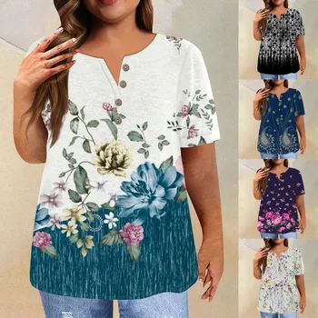 Женская рубашка с коротким рукавом Пуговица Футболка больших размеров Повседневные топы с цветочным принтом Дышащие топы для женщин 2023 Camisetas