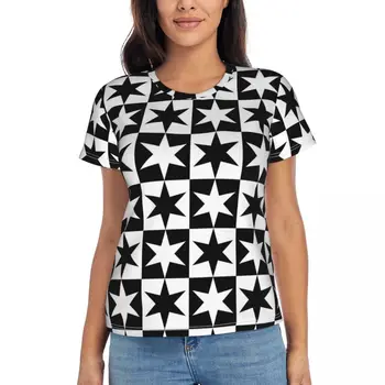 Женская футболка Пляжная двухцветная футболка Квадраты и звезды Y2K Современные футболки с коротким рукавом Простой дизайн Одежда оверсайз