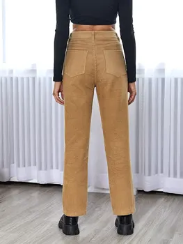 Женские вельветовые брюки Повседневные однотонные брюки с высокой талией и прямой штаниной для уличной эстетической одежды