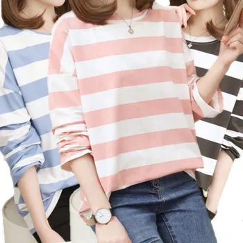 Женские футболки Корейская полосатая рубашка Женская мода Повседневные свободные топы Футболка с длинным рукавом Одежда