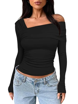 Женский асимметричный укороченный топ с открытыми плечами и длинным рукавом, укороченный топ со сборками, топы для выхода в свет, сексуальная рубашка приталенного кроя, уличная одежда Y2K