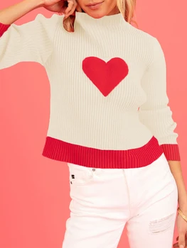 Женский весенний и осенний вязаный свитер водолазка с длинным рукавом в виде сердца с принтом сердца контрастный цвет трикотаж для женских зимних теплых пуловеров