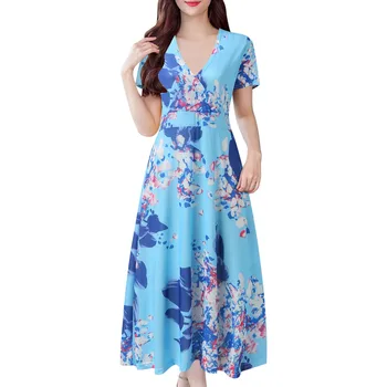 Женское летнее удобное платье 2024 Мода с V-образным вырезом и коротким рукавом Богемные повседневные платья с цветочным принтом для женщин