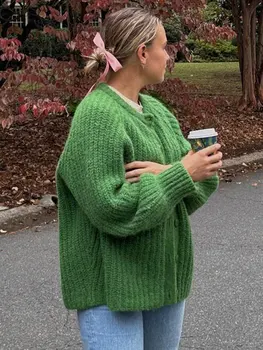 Зеленый кардиган с круглым вырезом для женщин 2023 Однобортный теплый свитер с длинным рукавом Осень Свободная мода Commute Knitwear