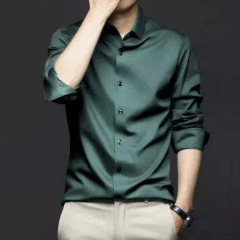 Качественная рубашка с длинными рукавами для мужской весенней и осенней деловой рубашки без железа против морщин большая зеленая однотонная рубашка