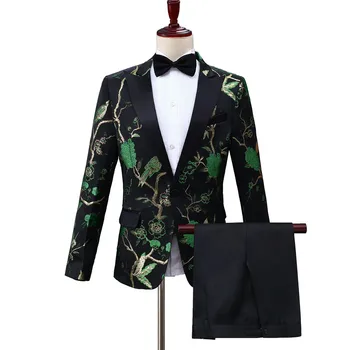 Китайский стиль Вышитые Элегантные Костюмы Для Мужчин Цветочный Блейзер Slim Fit Зеленый Вышивка Мода Сценический Костюм Homme