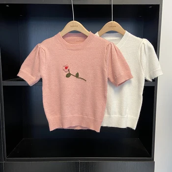 Корейская мода Сладкие рубашки для женщин Цветочная вышивка O-образный вырез с коротким рукавом Женские укороченные топы Весна Кинтированная футболка Дропшиппинг