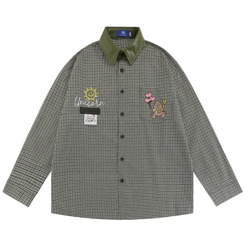  Маленький плед Мультяшная вышивка Хлопковые рубашки для мужчин Осенняя мужская рубашка с отложным воротником Повседневная рубашка с длинным рукавом Зеленый