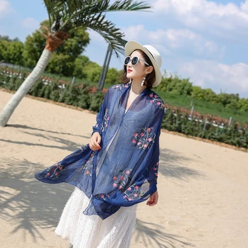 Мода Вышивка Цветочный Шифон Шарф Хиджаб Женщины Мусульманский Пляжный Платок Мягкие Обертывания Повязка На голову Летний солнцезащитный крем Шали 170 * 65 см